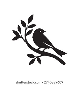 Bird on branch silhouette vector illustration representing nature, wildlife, and peaceful outdoor concept. Minimal black silhouette design suitable for logo elements, tattoo ideas, decorative prints, environmental themes, websites, mobile apps, posters, banners, and print materials. Clean and versatile vector style ideal for digital and commercial use. Editable and scalable vector illustration isolated on white background.
