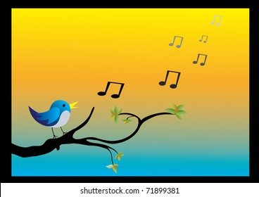 a bird on a branch singing with orange and blue background