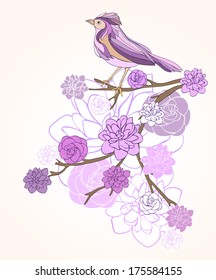 bird on a branch with spring flowers