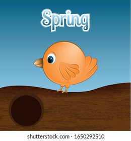 Bird on a branch with a spring text - Vector illustration