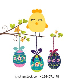 Bird on the branch. Spring time, Easter eggs. Illustrations for  cards, posters, cards, t-shirts, book, textile.