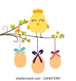 Bird on the branch. Spring time, Easter eggs. Illustrations for  cards, posters, cards, t-shirts, book, textile.