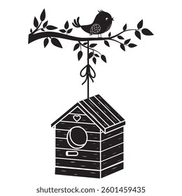 bird on a branch, stencil, isolated illustration on a white background