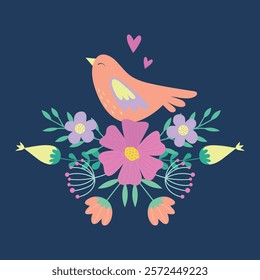 Bird on a branch. Summer, spring vector illustration in flat style.	