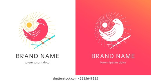 Bird on branch in sun rays abstract logo. Business brand identity logotype creative design concept. Trendy company corporate branding vector eps template
