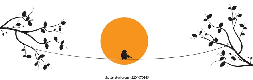 Bird on branch on sunset isolated on white background, vector. Bird silhouette on branch in spring, illustration. Wall decals, artwork, wall art design. Natural background. Minimalist art design