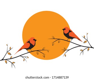 Bird on Branch on sunset, Vector. Scandinavian minimalist art design. Poster design, wall art, artwork. Robin Bird Silhouette. Nature Art Design, Wall Decor isolated on white background. Wall art work