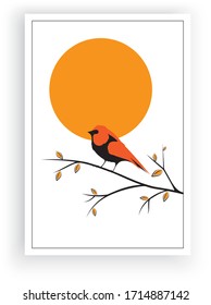 Bird on Branch on sunset, Vector. Scandinavian minimalist art design. Poster design, wall art, artwork. Robin Bird Silhouette. Nature Art Design, Wall Decor isolated on white background. Wall art work