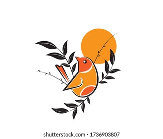 Bird on branch on sunset, vector. Colorful bird illustration on tree isolated on white background. Wall decals, art design, wall artwork, poster design