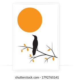 Bird on branch on sunset, vector. Bird silhouette on sunset on tree in autumn. Wall decals isolated on white background. Wall art, artwork, poster design. Minimalist art design
