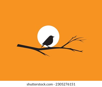 Bird on branch on sunset, vector. Bird silhouette on branch, vector. Bird silhouette, illustration. Minimalist poster design