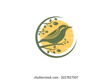 Bird on a branch under the moon logo vector illustration, character