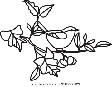 Bird on branch Vector, Clip Art, Black and White