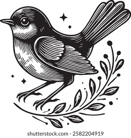 bird on branch, vector illustration. Scratch board. elements for greeting cards, stickers, banners, and seasonal design. 