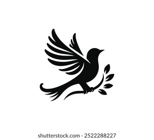 Bird on a branch vector silhouette illustration. dove with wings