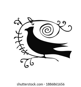 Bird on a branch vignette doodle logo icon sign leaves symbol emblem Hand drawn book decoration Cartoon fairy modern design style Fashion print clothes apparel greeting invitation card banner poster