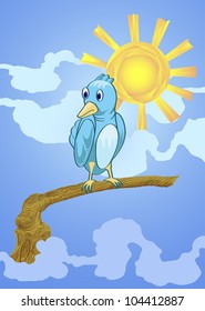 bird on the branch, with yellow sun and cloud