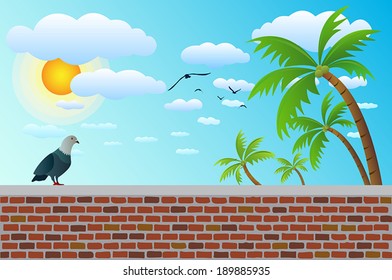 a bird on brick fence with coconut tree