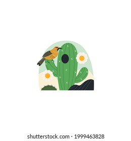 Bird On Cactus Vector Illustration