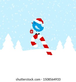 Bird On Candy Cane In Snow Forest Blue