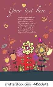 Bird on cartoon flowers. Spring background