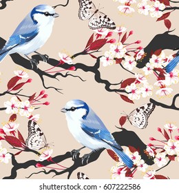 Bird on cherry branch seamless