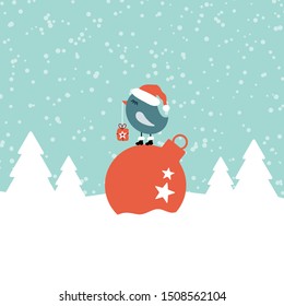 Bird On Christmas Ball In Snow Forest Turquoise