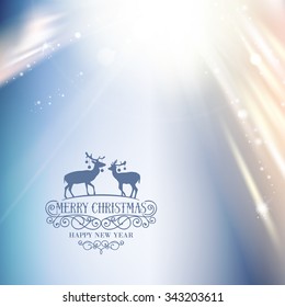 Bird on christmas fir and pinecone and deers. Vector illustration.