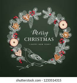 Bird on Christmas wreath made of hand drawn fir, spruce branches, pine cones, red berries, dried apple fruit and gingerbread cookies. Realistic vector object on green chalkboard background. Vintage.