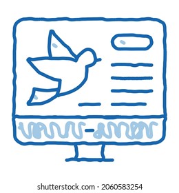 Bird On Computer Screen sketch icon vector. Hand drawn blue doodle line art Flying Bird Image On Internet Web Site, Ornithology sign. isolated symbol illustration