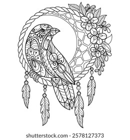 Bird on dream catchers hand drawn for adult coloring book