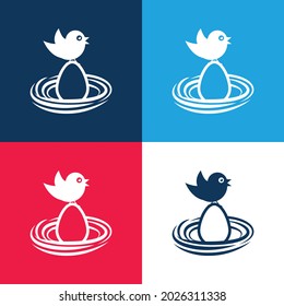 Bird On An Egg In A Nest blue and red four color minimal icon set