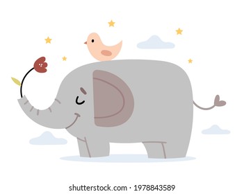 A bird on an elephant.Cute book illustration.