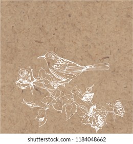 Bird on a flowering branch of a rose on kraft paper. Hand-drawn vector illustration with place for text. Sketch.  Greeting card, invitation or isolated elements for design.