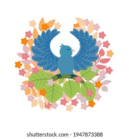 A bird on a flowering tree in a hand-drawn style with an ornate pattern. Illustration with bright flowers and a bird with raised wings in the form of a circle, isolated on a white background, vector.
