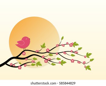 Bird on flowering tree. Vector illustration on beige background.