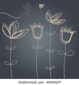Bird on flowers. Spring background