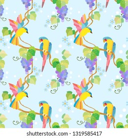 Bird on grape branch seamless pattern.