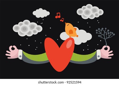 Bird on the heart. Cute vector illustration for the Valentine`s day.