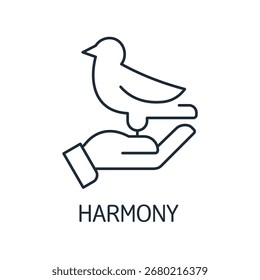 Ein Vogel auf einer menschlichen Handfläche. Harmonische Kommunikation mit der Natur. Lineare Vektorsymbol-Illustration einzeln auf Weiß.