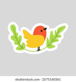 Bird on leaf ecology sticker in flat design. Vector illustration isolated.