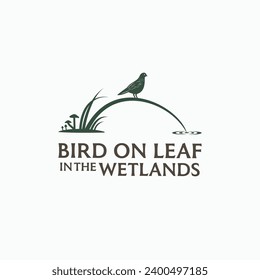 Bird on leaf logo. Bird perched on wetland grass vector icon illustration