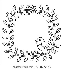 Bird on Leafy Wreath Coloring Page for Kids and Adults