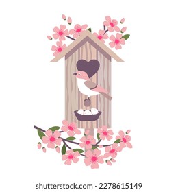 A bird on a nest among the branches of cherry blossoms. Wooden birdhouse with spring flowers. Illustrated vector element.