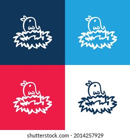 Dibujo de pájaro en nido de color azul y rojo de color azul y rojo de cuatro colores conjunto de iconos mínimo