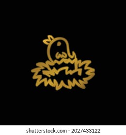 Bird On Nest Hand Drawn Outlined Animal gold plated metalic icon or logo vector