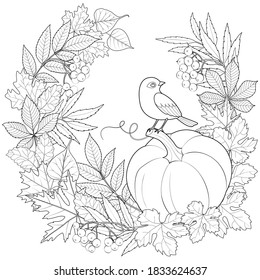 Bird On A Pumpkin In A Wreath Of Autumn Leaves Black And White Vector Illustration