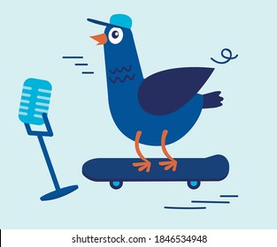 Bird on a skateboard. Blue media pigeon