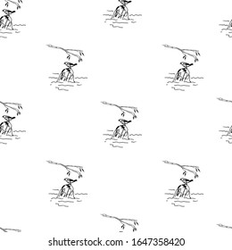 Bird on the stone. Line drawing, sketch. Seamless pattern. Vector illustration.