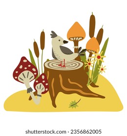 Bird on a stump in an autumn meadow with flowers, sticks, mushrooms, cattails. Fall Clip Art